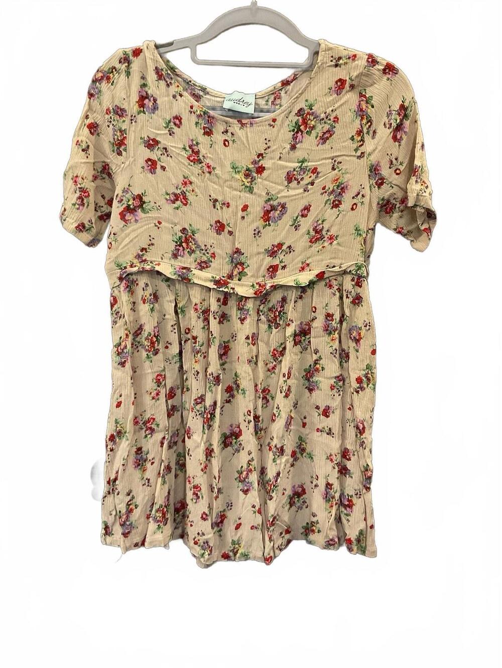 Audrey Womens Tan/floral Short Sleeve Blouse Size Small